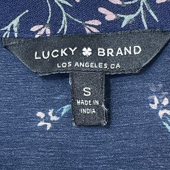 Lucky Brand Women's Small Navy Long Flare Sleeve V Neck Sheer Back Floral Blouse - Picture 7 of 7